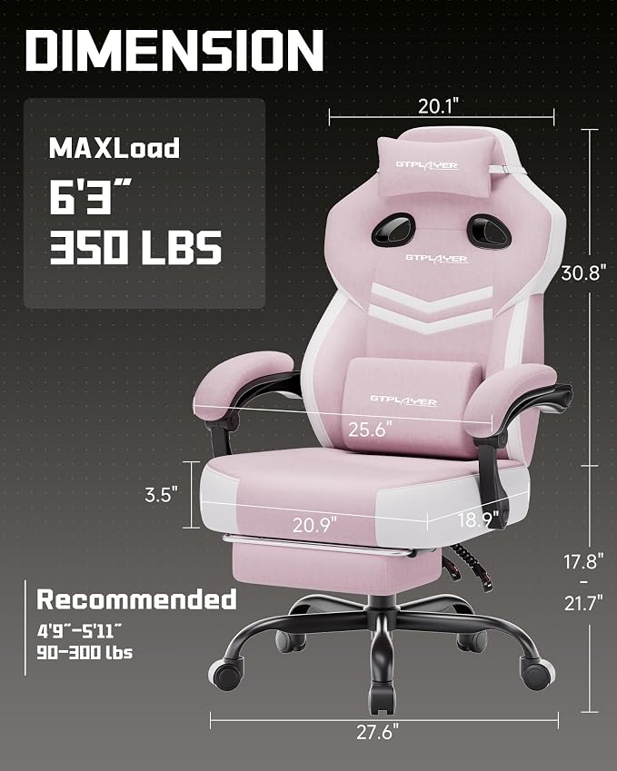 GTPLAYER Big & Tall Gaming Chair, Wide Seat with Footrest, Pink | Ergonomic High Back Computer Desk Chair for Adults, Comfort Padded Seat with Lumbar Support Armrests Recliner for Office/Home - Image 3