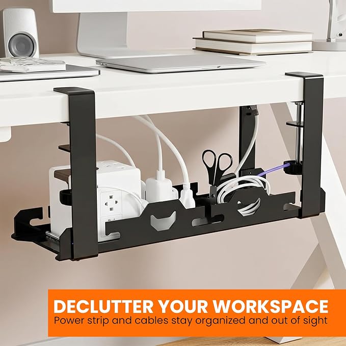 17'' Super Sturdy Cable Tray Under Desk Cord Organizer Standing Desk Cable Management System Large Power Strip Holder Cord Basket With Clamp for Wire Management Rack Office, Home, No Drill & Damage - Image 4