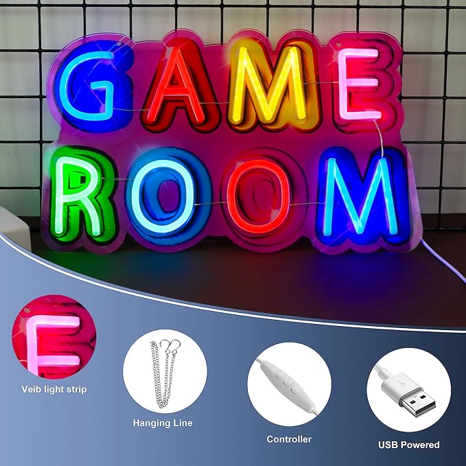 Game Room Neon Sign,Game Neon Lights Wall Decor for Internet Cafe, Gaming Room, Man cave, Bedroom Gift Art for Boys Girls Fans Gamer-15.8 x 9.61 IN-USB Powered-Acrylic - Image 6