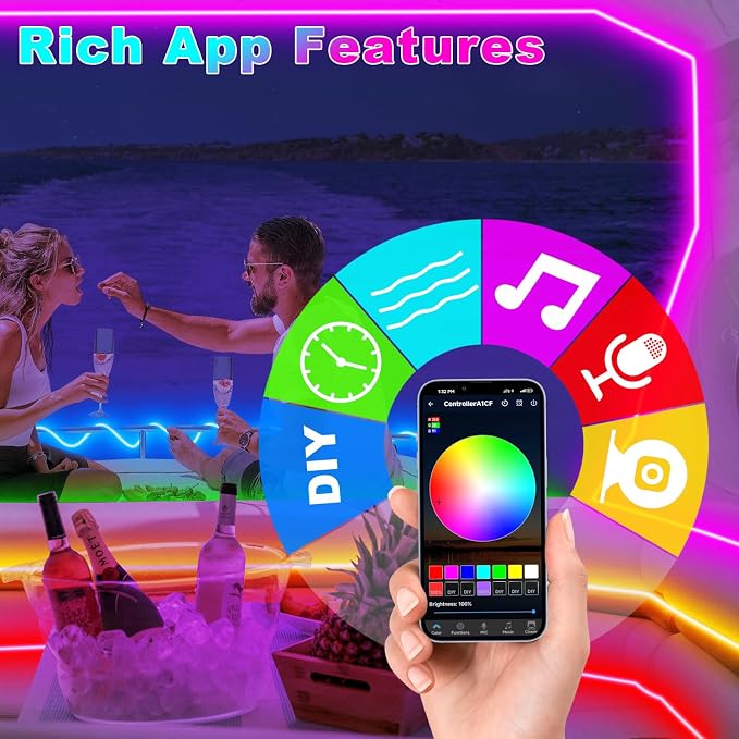 100FT Boat Lights LED Waterproof, 12V Marine Light Strip for Boat, RGB Marine LED Strip 12V with App & Remote for Pontoon Interior and Exterior, Night Fishing Lighting for Jon, Yacht, Kayak, Deck - Image 2