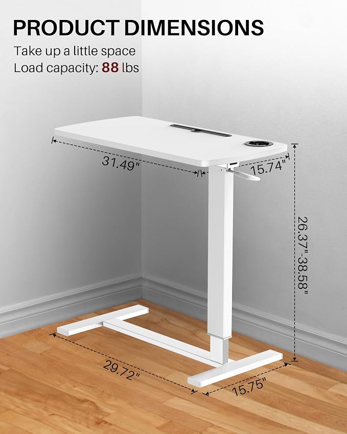 Foldable Overbed Table with Wheels, Pneumatic Adjustable Desk - Image 2