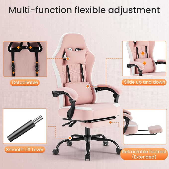 Sweetcrispy Video Game Chair, Ergonomic Computer Desk Chair, Lumbar Support | Footrest, Height Adjustable, Linkage Armrests, Headrest, High Back, 360° Wheels, Pink - Image 9