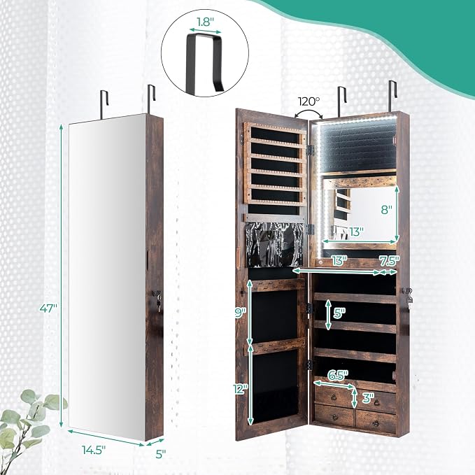 LDAILY 47” LED Jewelry Armoire, Door/Wall Mounted Mirror with Storage, 4 Shelves & Drawers, Full Length Mirror & Flip-up Makeup Tray, Lockable Jewelry Organizer Cabinet for Women & Girls(Rustic Brown) - Image 7