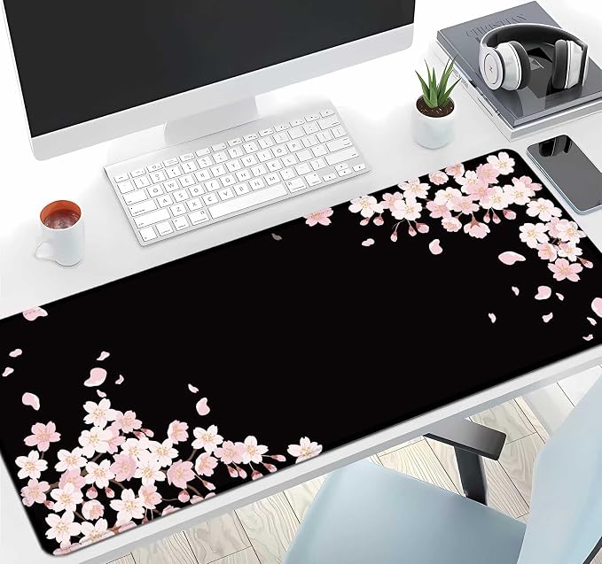 IMAYONDIA Sakura Japanese Desk Mat, Cherry Blossom Large Gaming Mouse Pad, Black Elegant Floral Mousepad for Women, Minimalistic Flower Aesthetic Desk Pad for Work, Game, Office, 31.5x11.8 - Image 6