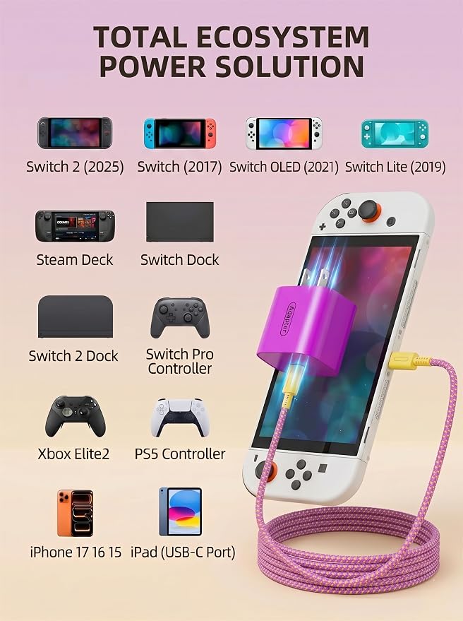 Switch 2 Fast Charger 60W - Vibrant Colors, 6.6FT Type-C Power Supply Adapter for Switch 1/2/OLED/Lite, Steam Deck, Supports 4K TV Dock Mode (20V/3A) (Purple & Orange) - Image 8
