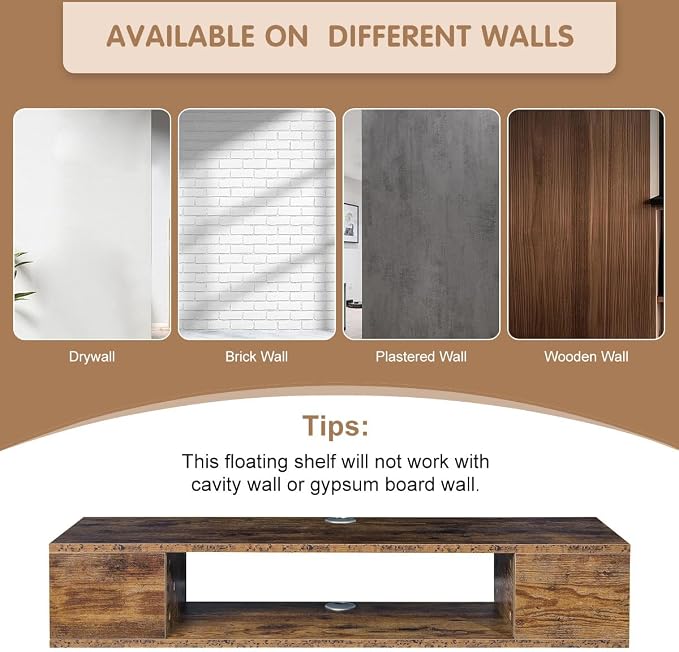 GHC Floating TV Stand, Wall Mounted Entertainment Center and Cabinet Shelf, TV Console with Storage, Media Console for DVD Player, Space-Saving Under TV Shelf for Bedroom (Rustic Brown) - Image 6