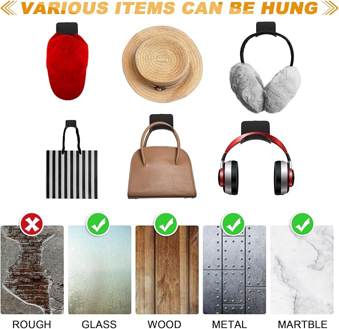 Wonderjune 30 Pcs Headphone Wall Hangers Adhesive Gaming Headset Holder Hooks for Wall Mount Strong Universal Stand Hooks for Most Headphone Controller, Hat, Baseball Caps, Door, Closet (Black) - Image 4