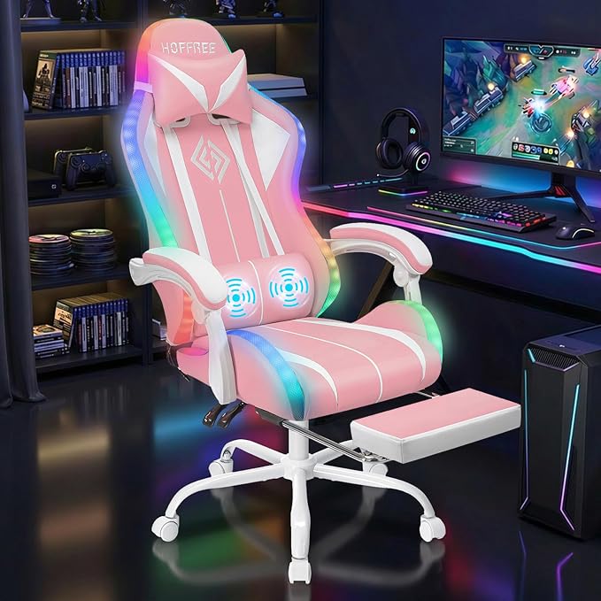 Pink Gaming Chair with RGB LED Lights Massage Computer Chairs for Girls | High Back Video Game Chair with Footrest & Adjustable Lumbar Support Ergonomic Gamer Chairs for Women Racing Style Recline - Image 3