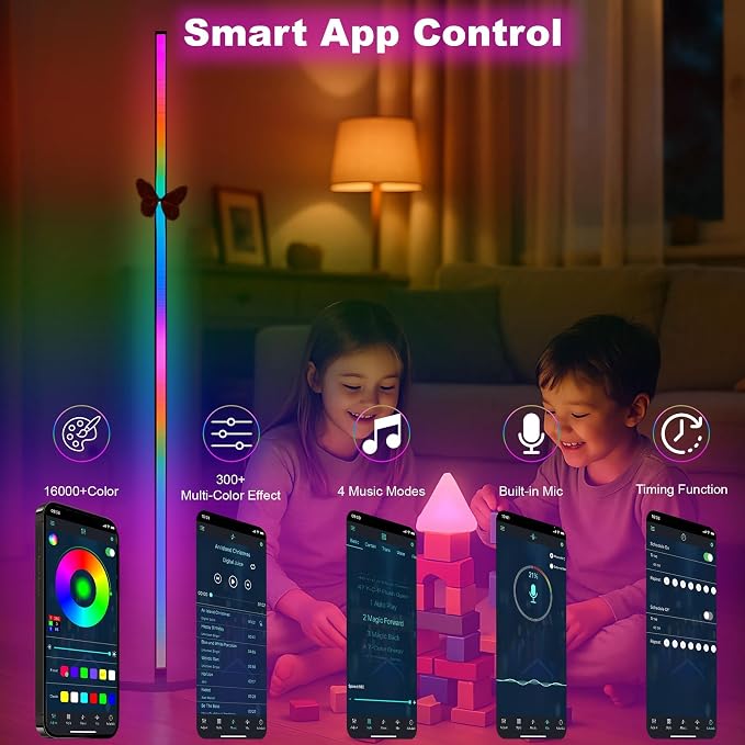 Corner Floor Lamp - 57'' Tall RGB Lamp with Music Sync, 16 Million Colors, 88 LED Dual RGB White, Voice & App Control Mood Light with Timer & Remote for Gaming, Bedroom & Living Room - Image 6