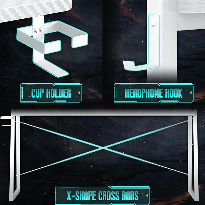 Besiost Gaming Desk with Hutch and LED Lights, Gaming Computer Desk with Power Outlets, Gamer Desk with Storage Shelves, PC Game Desk with Pegboards for Bedroom, Carbon Fiber White, 49" - Image 6