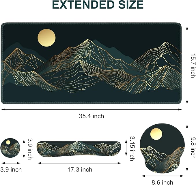iCasso Large Mouse Pad, 4in1 XXL Mousepad + Keyboard Wrist Rest+Mouse Wrist Rest+Coaster Set with Ergonomic Design for Computer(Cyan-Mountain) - Image 2