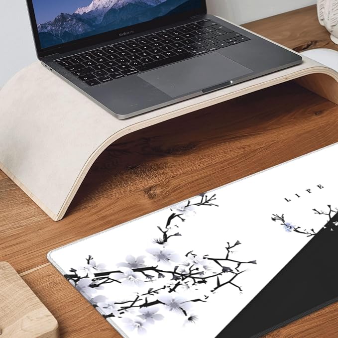Japanese Life Death Keyboard Mat, Black White Japanese Anime Gaming Mouse Pad for Desk with Anti-Slip Rubber Base and Stitched Edges, Japanese Sakura Pagoda Sun Mouse Pad - Image 8