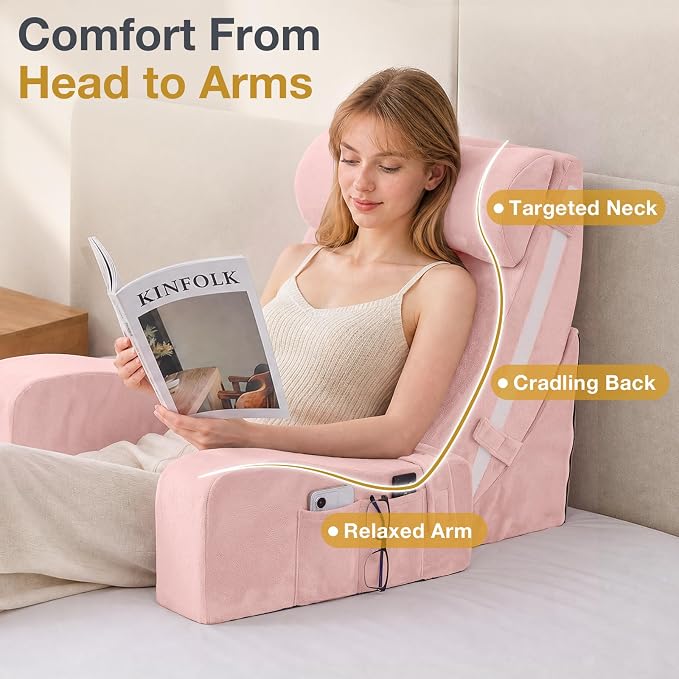 Sasttie 15-25 inch Adjustable Reading Pillow with Armrests, Pink | Back Rest Pillow with Secure Side Straps, Memory Foam Back Support Cushion Bed Chair for Reading, Gaming & Relaxing - Image 5