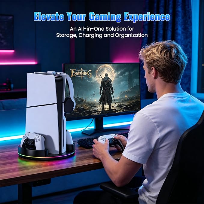 NEWDERY for PS5/Slim/Pro Console Stand with Controller Charger - Image 8