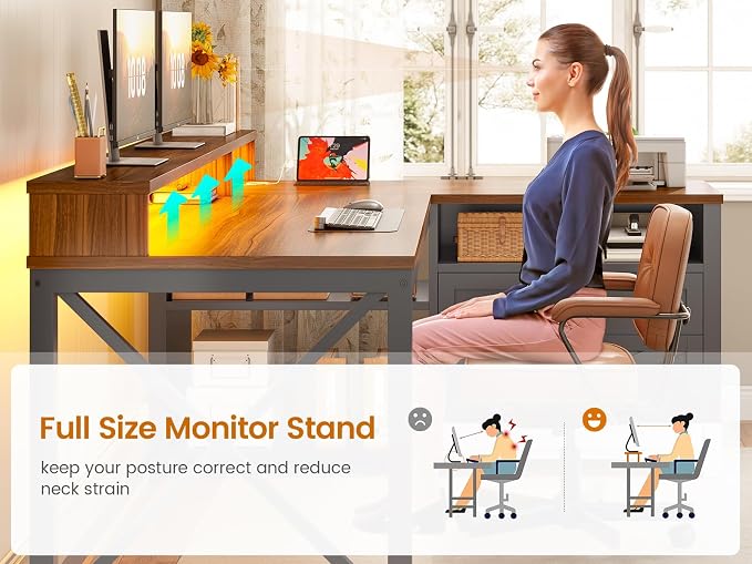 SEDETA L Shaped Gaming Desk with Drawers, 55" Farmhouse Computer Desk with File Drawer and Storage Shelves, Corner Gaming Desk with LED Lights and Monitor Shelf, Black and Brown - Image 7