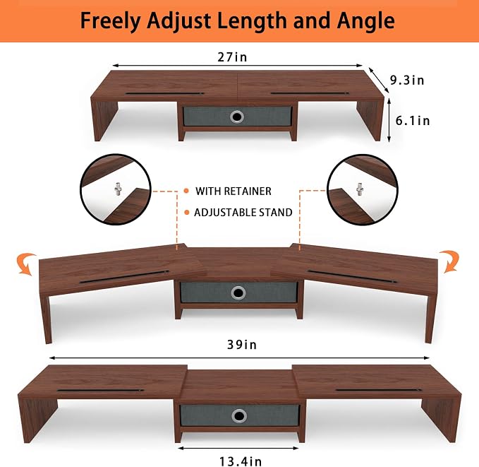 WESTREE Dual Monitor Stand Riser with Drawer - Adjustable Length and Angle, 2 Phone Hold, Desktop Organizer for Computer/Laptop/PC/Printer - Image 6