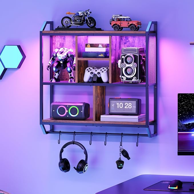 HOOBRO Gaming Floating Shelf with LED Lights, 28.7" LED Wall Mounted Shelf, 3-Tier Display Rack for Wall Storage, Floating Rack with Hanging Rod and 6 S-Hooks, Rustic Brown and Black BF70DBJ01 - Image 2
