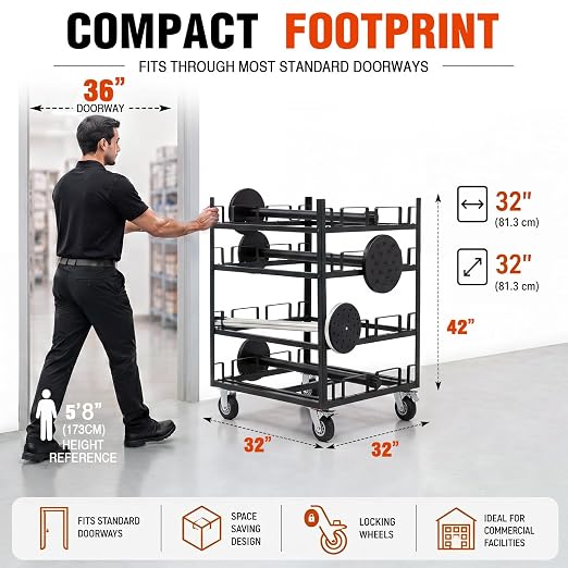 12 Posts Stanchion Cart, Crowd Control Stanchion Cart, Easy to Assemble, Horizontal Padded Storage Locking Wheels for Safety with 4 Tie-Down Straps, 32 x 32 x 42 in - Image 3