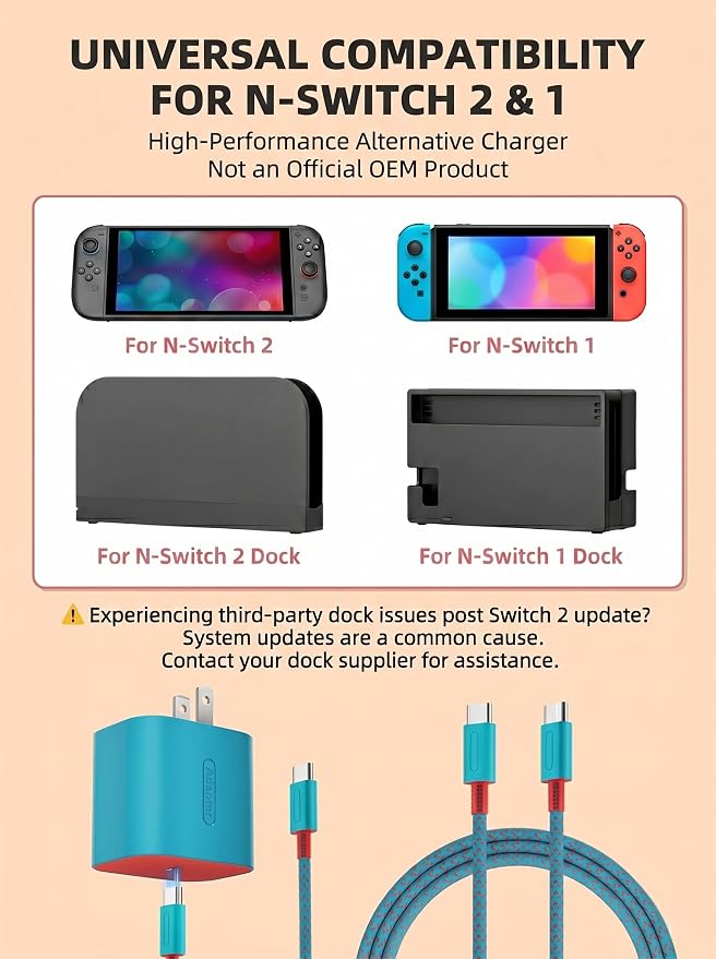 TPC 60W Charger for Nintendo Switch 2, 20V 3A AC Adapter Fast Charging with 6.6FT Braided USB-C Cord, Compatible with Switch 1, Lite, OLED, Steam Deck, Support 4K TV Mode (Cyan & Red) - Image 2