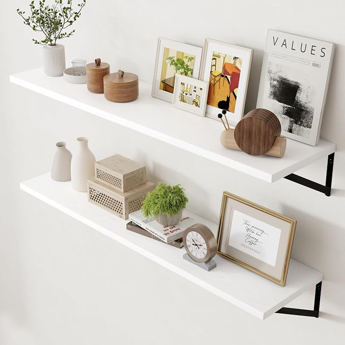 Axeman Floating Shelves for Wall White - 48 Inch Wide x 12 Inch Deep Wall Shelves Set of 2 - White Deep Wood Floating Shelves for Living Room Bedroom Laundry Room by Axeman