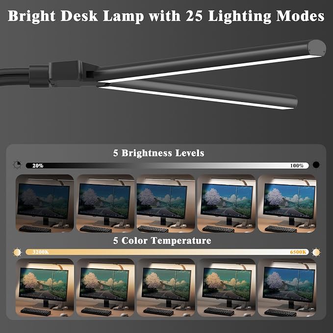 GAEFURY LED Desk Lamp for Home Office, 24W Bright Desk Lamp with Phone Holder Base - 25 Lighting Modes Eye-Caring Desk Light Adjustable Gooseneck Lamp for Workbench Drafting Reading Study - Image 2