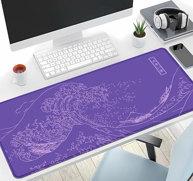 IMAYONDIA Great Wave Large Gaming Mouse Pad, Purple Minimalist Japanese Desk Mat, Gamer Aesthetic Extended Mousepad Cute, Non-Slip Rubber Base Lilac Desk Pad for Office- 31.5 X 11.8 Inch - Image 6