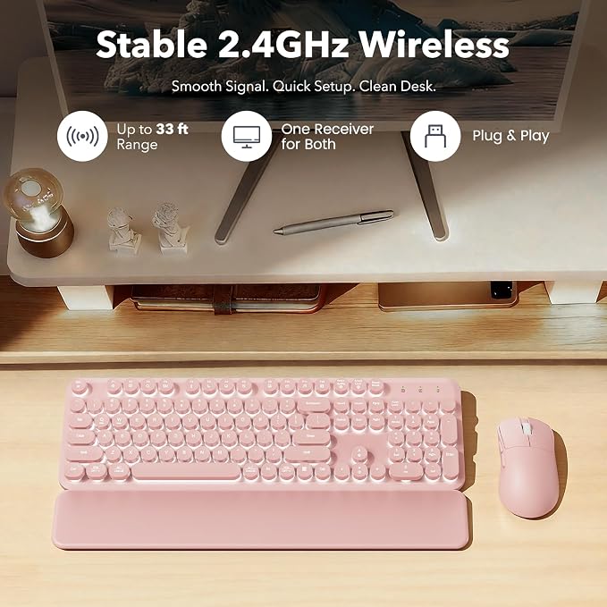 Rechargeable Backlit Wireless Keyboard and Mouse Combo, Retro Typewriter Keyboard with Magnetic Wrist Rest, Light Up Letters, 2.4GHz Cordless Connection for Mac, Windows PC, Laptop (Glowing Pink) - Image 7