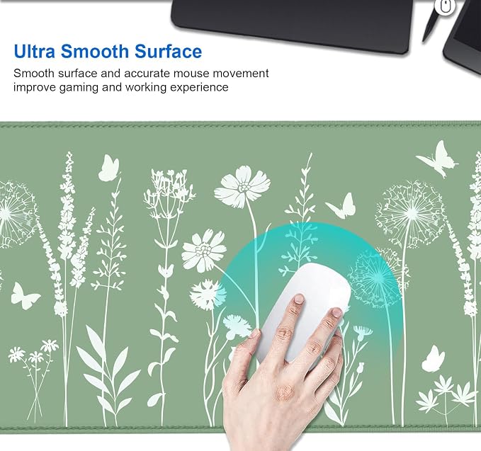 IMAYONDIA Cute Sage Green Desk Mats Mousepad, Plant Floral Anime Deskmat, Aesthetic Desk Pad, Minimalist Mint White Leaves Large Gaming Mouse Pad, Decor Accessories, 31.5 X 11.8 - Image 4