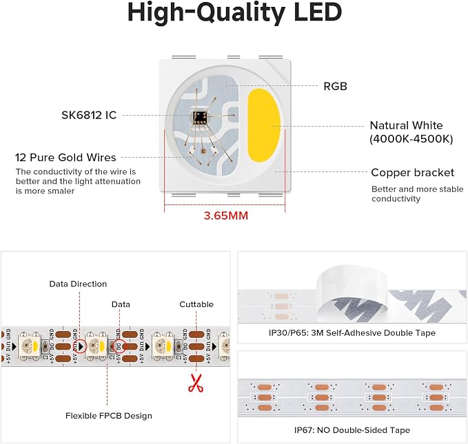 BTF-LIGHTING RGB+Natural White SK6812 LED Strip 16.4FT 300LED IP30 DC12V - Image 4