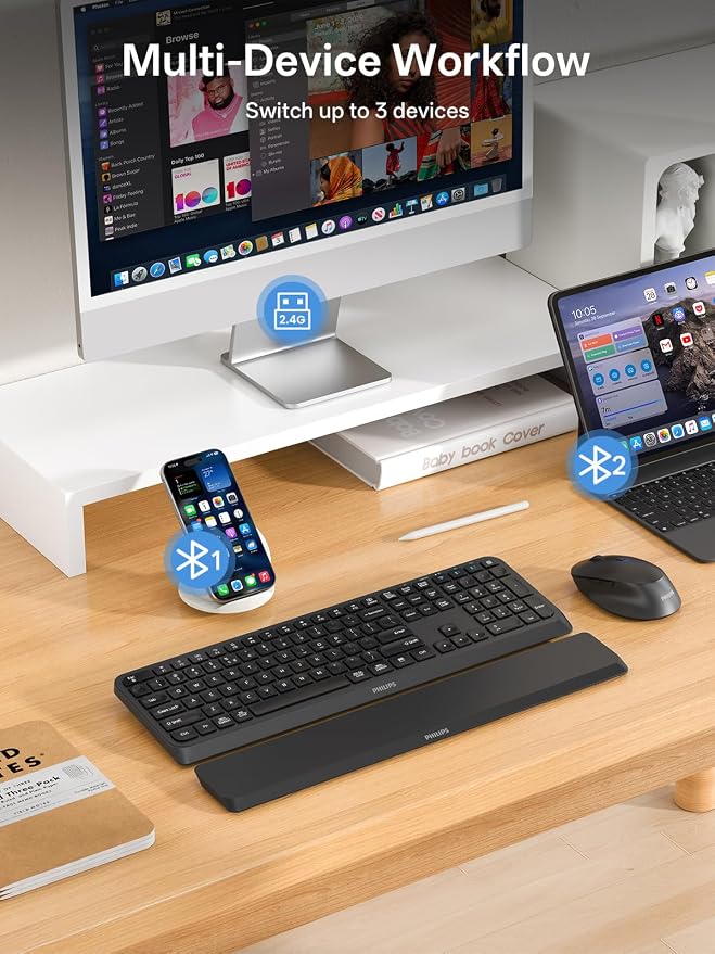 PHILIPS Wireless Keyboard and Mouse, Bluetooth Keyboard with Wrist Rest - Image 3