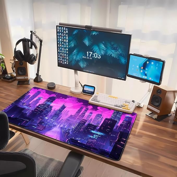 Cyberpunk Neon Purple City Gaming Desk Mouse Pad XL Pink Extended Mouse Pad Gaming, Keyboard Pc Office Laptop Mousepad Large, 31.5x15.8 in with Stitched Eges Non-Slip Base Mouse Pads - Image 7