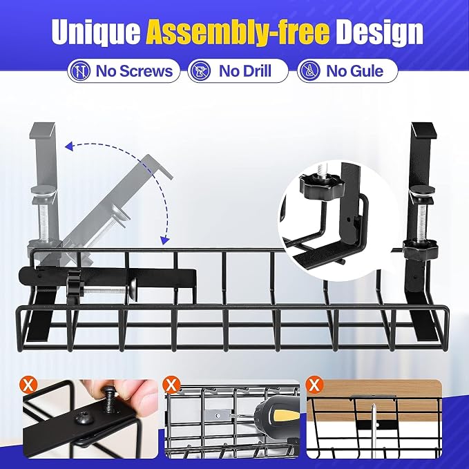 Under Desk Cable Management Tray 2 Pack, Xpatee Wire Management No Screws, Cable Tray with Clamp for Wire Management, Computer Code Rack for Office, Home - No Damage to Desk Black - Image 2