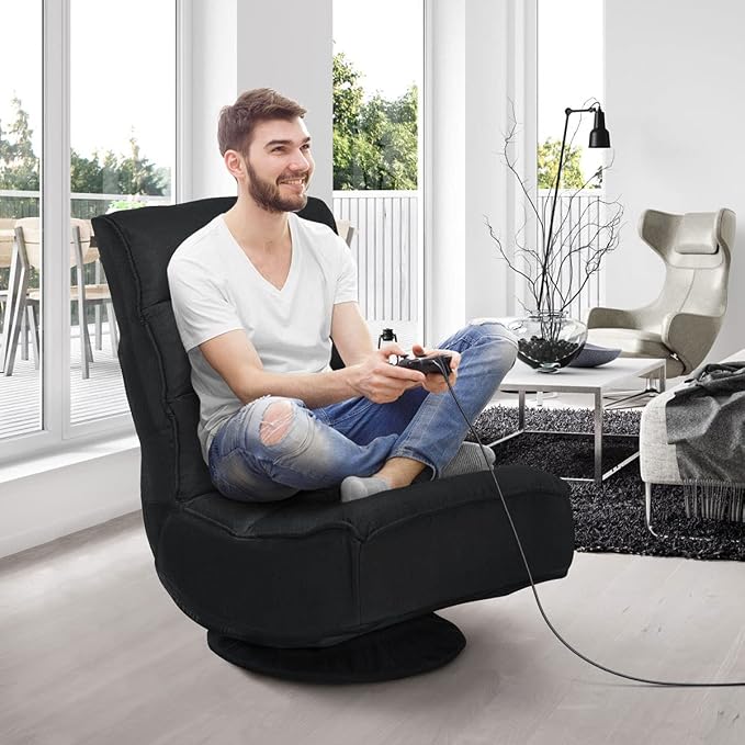GIANTEX 360 Degree Swivel Gaming Chair, 6 Position Adjustable (Black) | Folding Floor Chair, 300lb Spring Support, Comfortable Padded Backrest, Lazy Sofa Chair Game Rocker for Teens Adults - Image 2