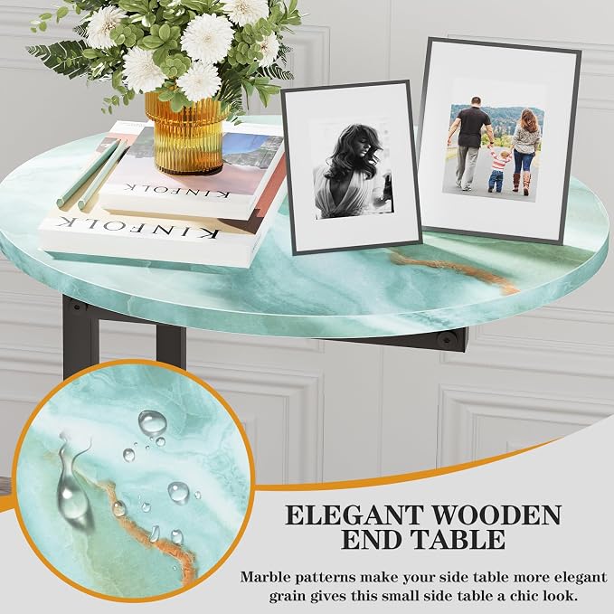 C Shaped End Side Table, Small Oval Couch Sofa Table for Bed, Snack Side Table with Metal Frame, TV Tray Table with White Marble for Small Space, Living Room, Bedroom, Bedside(Sea Blue) - Image 3