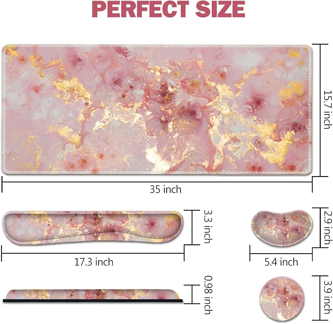 AIMSA Keyboard Mouse Pad Set, Large Gaming Mouse Pad +Wrist Rest Mouse Pad +Keyboard Wrist Support +Coaster, 35x15.7 inch Extended Desk Mat for Easy Typing Pain Relief (Pink Gilt Marble) - Image 7