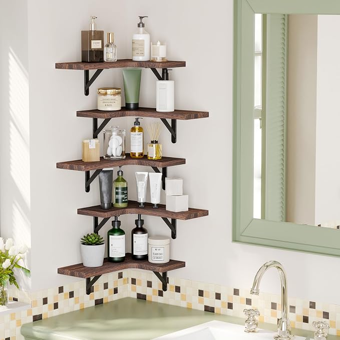 Fixwal Conner Shelves Wall Mounted for Decor, Walnut Brown Set of 5 - Image 2
