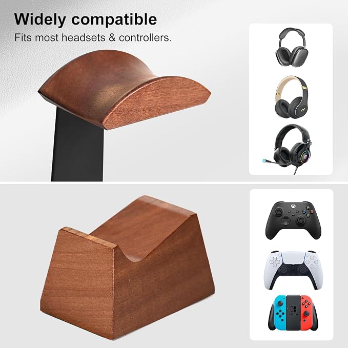 UPERGO Headphone and Headset Stand with Controller Holders for Gaming Desk | Solid Wood, Holds 2 Controllers, Storage Tray for Gaming Accessories, Compatible with PS5 and Xbox - Image 4