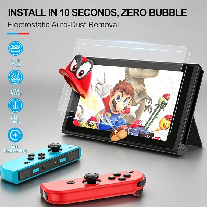 Accessories Bundle for Nintendo Switch 1/OLED, OUNFNOE 19-IN-1 Kits for Switch OLED Accessories, Carrying Case, Controller Charging Dock, Joy-Con Thumb Grips, Tempered Screen Protector, Steering Wheels for Mario Kart, Protective Console Cover - Image 6