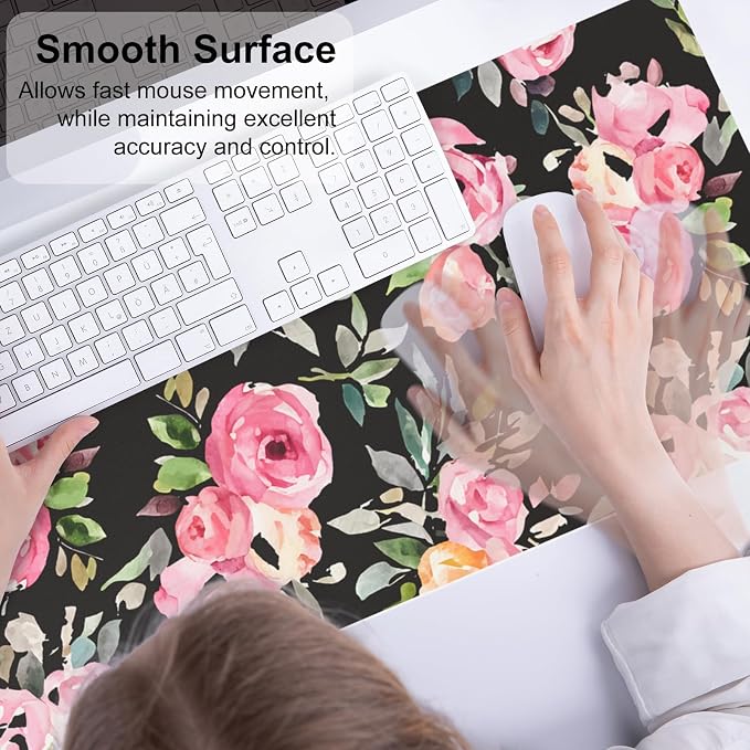 QiyI PU Leather Large Mouse Pad, Office Décor, 31.5" x 11.8", Pink Flowers | Desk Décor Accessories, Extended Size, Waterproof & Easy to Clean, Smooth Surface, Non Slip Desk Organization - Image 4