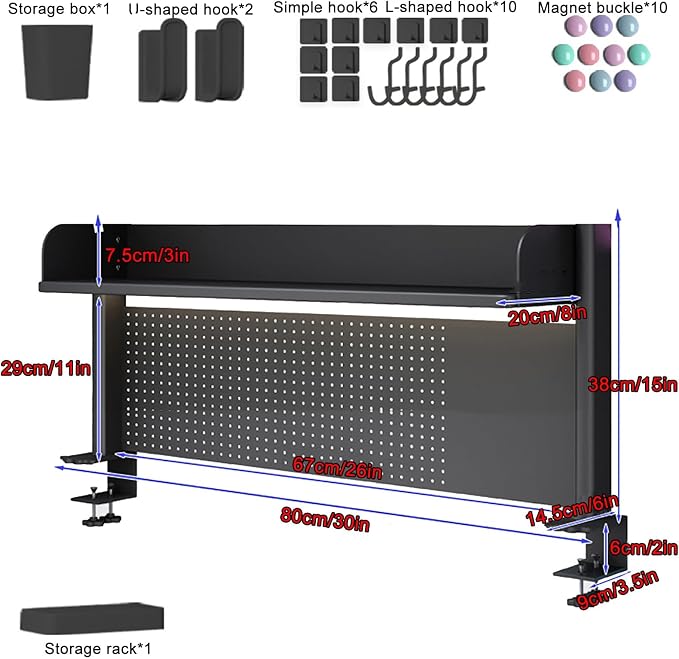Clamp on Desk Shelf, Desk Shelf, Gaming Desk Accessories, Steel Pegboard for Desk, Adjustable Desk Extender Side Table, Modern Desktop Display Shelf(80x20x38cm/30x8x15in) - Image 2