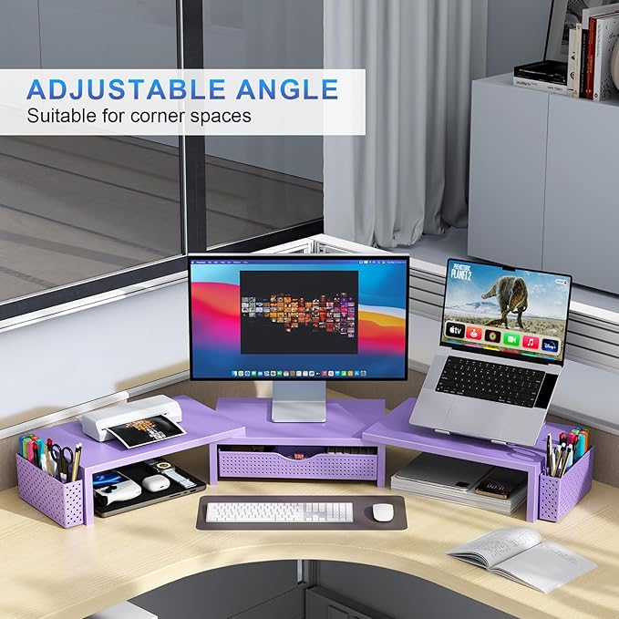 gianotter Dual Monitor Stand Riser With Drawer and 2 Pen Holders | Computer Monitor Stand Desk Organizer and Accessories Desk Shelf for Top of Desk (Purple) - Image 3
