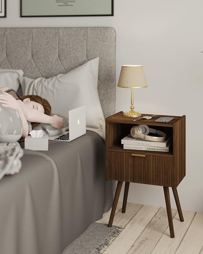 JOONEE Nightstand,Modern Bedside Table with Storage Drawer and Open Wood Shelf, for Living Room, Bedroom and Small Spaces, Accent Night Stand with Solid Wood Legs, Easy Assembly,Walnut Brown - Image 4