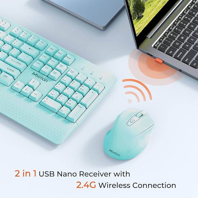 MEETION Wireless Keyboard and Mouse Combo, Full-Size with Wrist Rest, Blue - Image 2