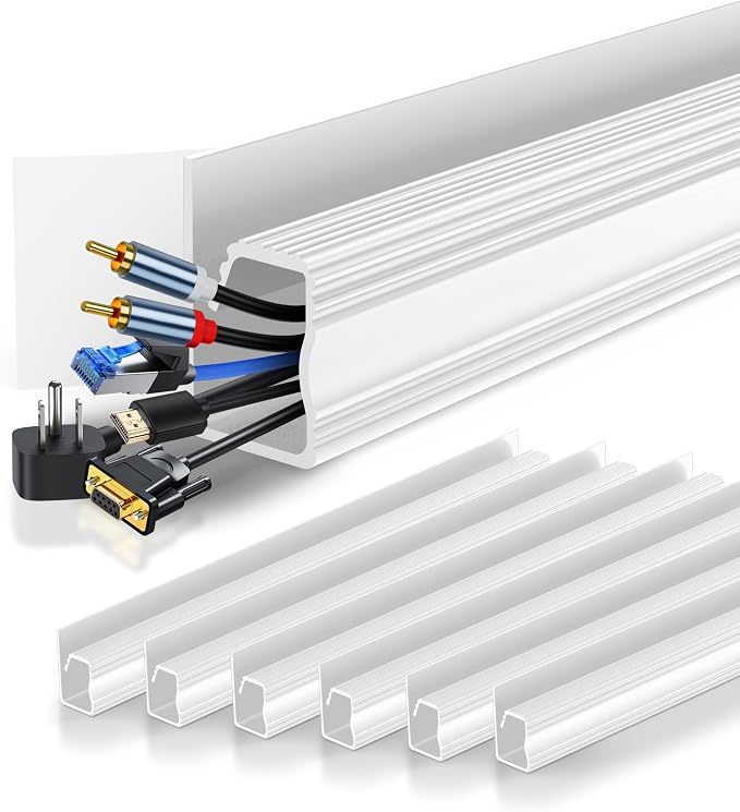 6 Pack Cable Management Under Desk, Open J Channel Raceway, Cord Organizer Tray for Desk, No-Drill Cable Hider for Desk & Wall, Wire Management Kit, Flame-Retardant PVC, 94.5" Total, White by Julaiwy