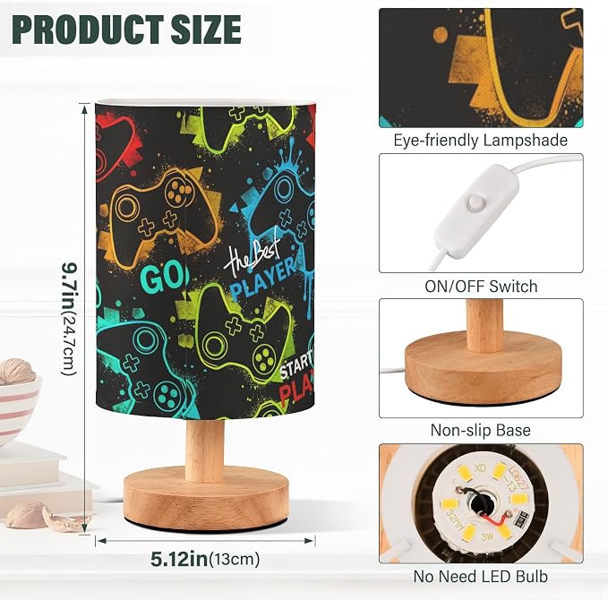 Bedside Table Lamp Video Game Nightstand Lamp with Wood Gaming Gamer Colorful Desk Lamps for Bedroom Living Room Nursery Office Home Decor - Image 3