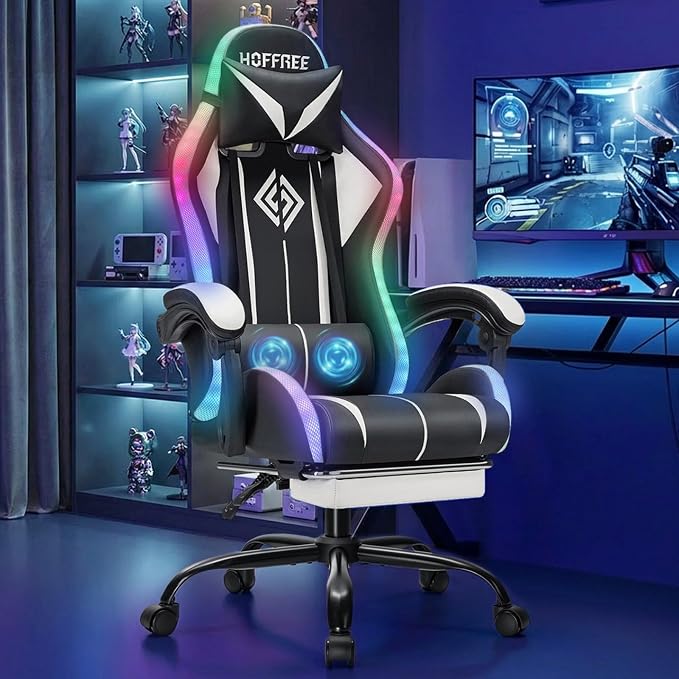 RGB Gaming Chair with LED Lights Massage Ergonomic Computer Chair-White | High Back Video Game Chair with Footrest & Adjustable Lumbar Support Gamer Chairs for Adults Racing Style Recline by Vanspace