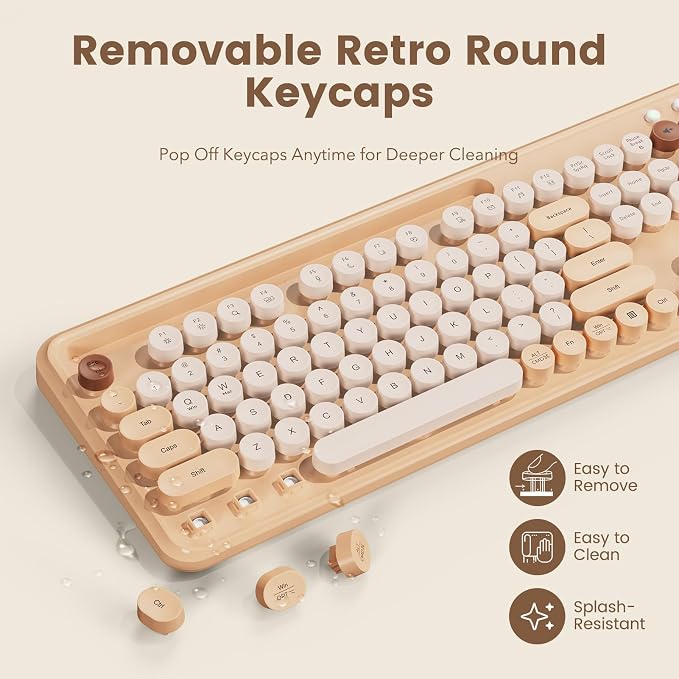 Wireless Keyboard and Mouse Combo, Retro Round Keycaps, Full-Size Typewriter Keyboard with Phone/Tablet Holder, Ergonomic Mouse with 3-Level DPI, 2.4GHz Connection for Windows/PC (Beige Colorful) - Image 4