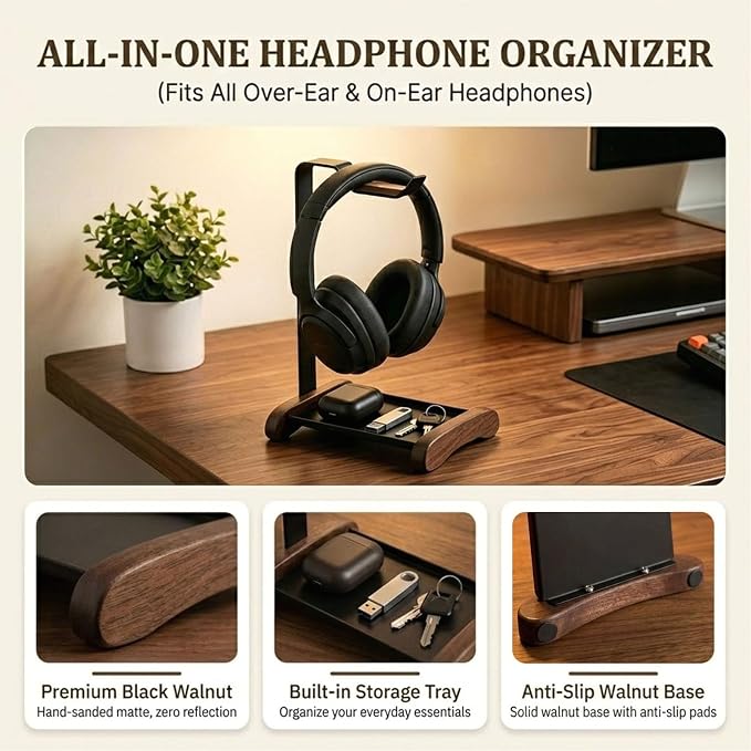Headphone Stand for Desk with Storage Tray, Walnut Wood Headset Holder and Desktop Organizer for Headphones, Keys, Watches & Accessories, Home Office and Gaming Setup - Image 4