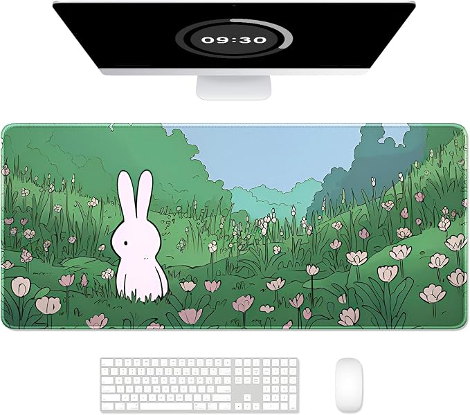 Auhoahsil Ultra Large Gaming Mousepad, XXL Extended Full Size Desktop Matt for Keyboard, Laptop & Computer, 35.5 x 15.7 in, Anime Bunny Green Grass by Auhoahsil