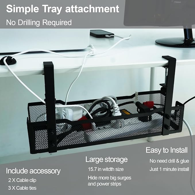 No Drill Under Desk Cable Management Tray with clamp-Premium Wire Tray Cord Organizer – Thin Steel Cable Tray Basket with Charger Holder for Desk–Black Cable Management Box–Easy to Install - Image 2